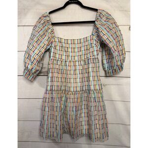 AMANDA UPRICHARD Women's Square Neck Tiered Mini Dress Smocked Puff Sleeve M‎